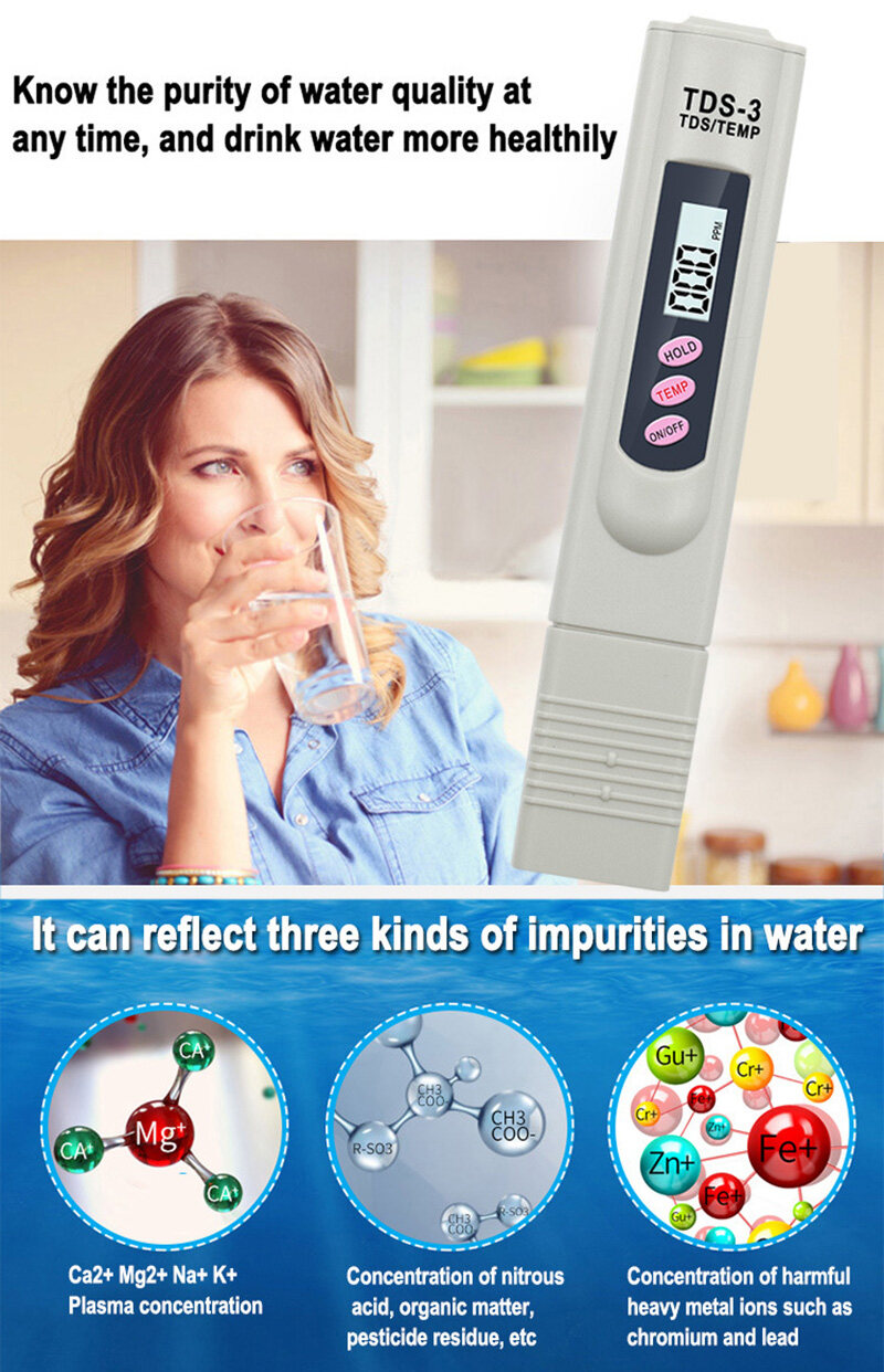 Digital Water Test Pen,  Meter Filter Measuring Water Quality Purity Tester TDS Meter, Portable Water Tester Water Quality Analysis Meter Water Purity Check 0-9999 ppm Measurement  , for Drinking Water Aquariums RO System Swimmin. 