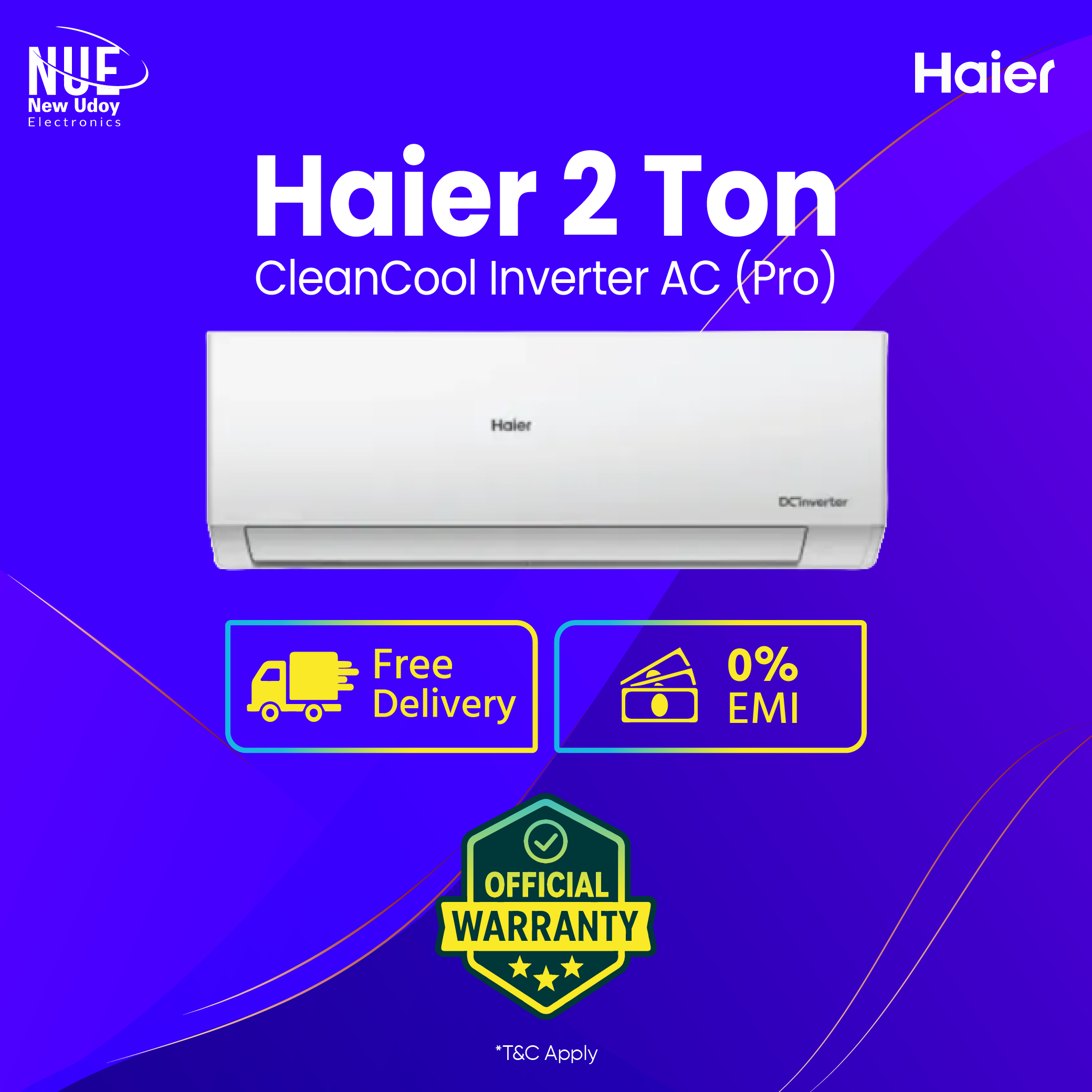 Haier 2 Ton CleanCool Inverter Air Conditioner with Energy Saving & 3D Airflow - Free Delivery & 0% EMI