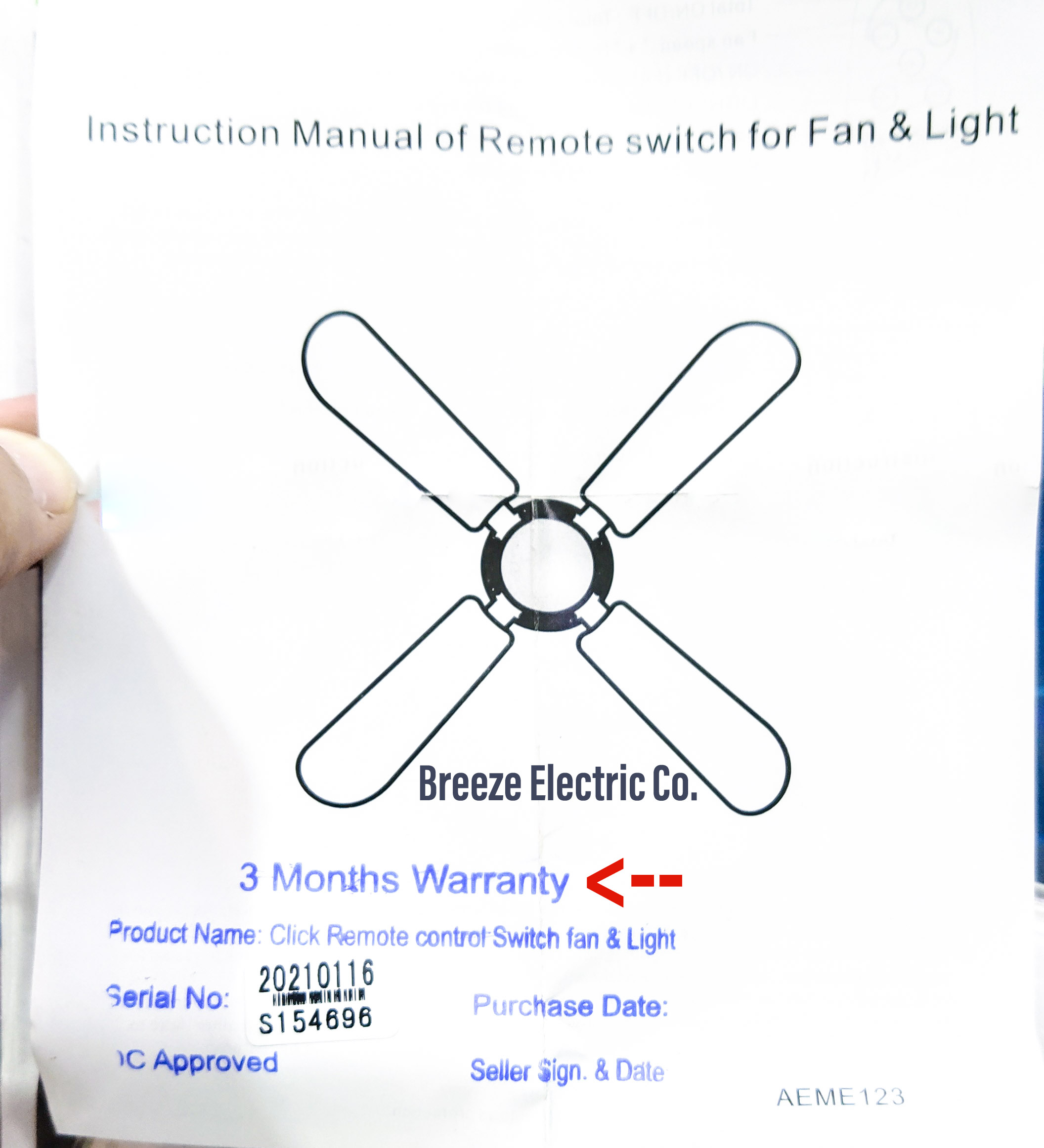 Remote control switch. 2 Lights, 1 Fan. Click.. 