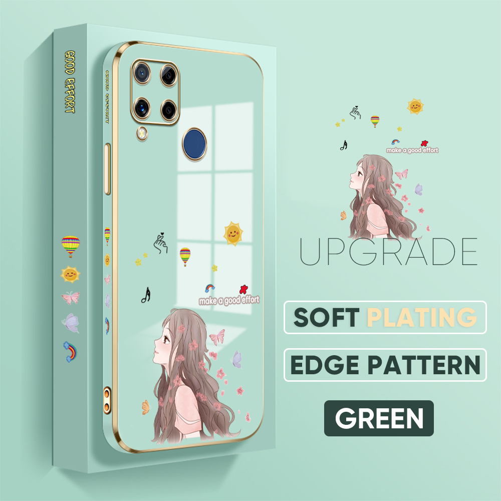 Jizetin (Free Lanyard) for Realme C15 Back Cover Butterfly Girl Luxury 6D Plating Case Side Pattern Soft Silicone Square Phone Cases
