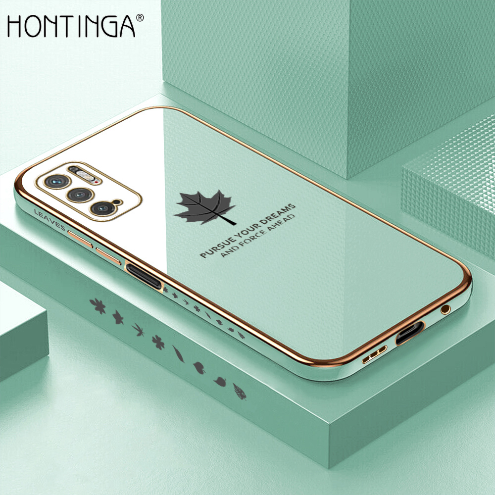 Hontinga for Redmi Note 10 5G Luxury 6D Plating Soft Casing Silicone Square Frame Phone Case Shiny Bling Back Cover Maple Leaf Side Pattern Case. 