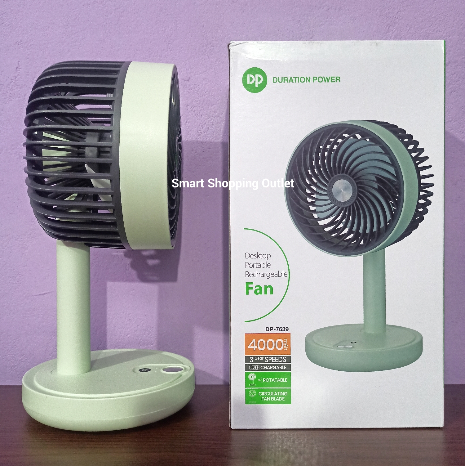 DURATION POWER DP-7639 Rechargeable 4000mAh Battery Three Speed Modes Up-Down Adjustable Desk Fan. 