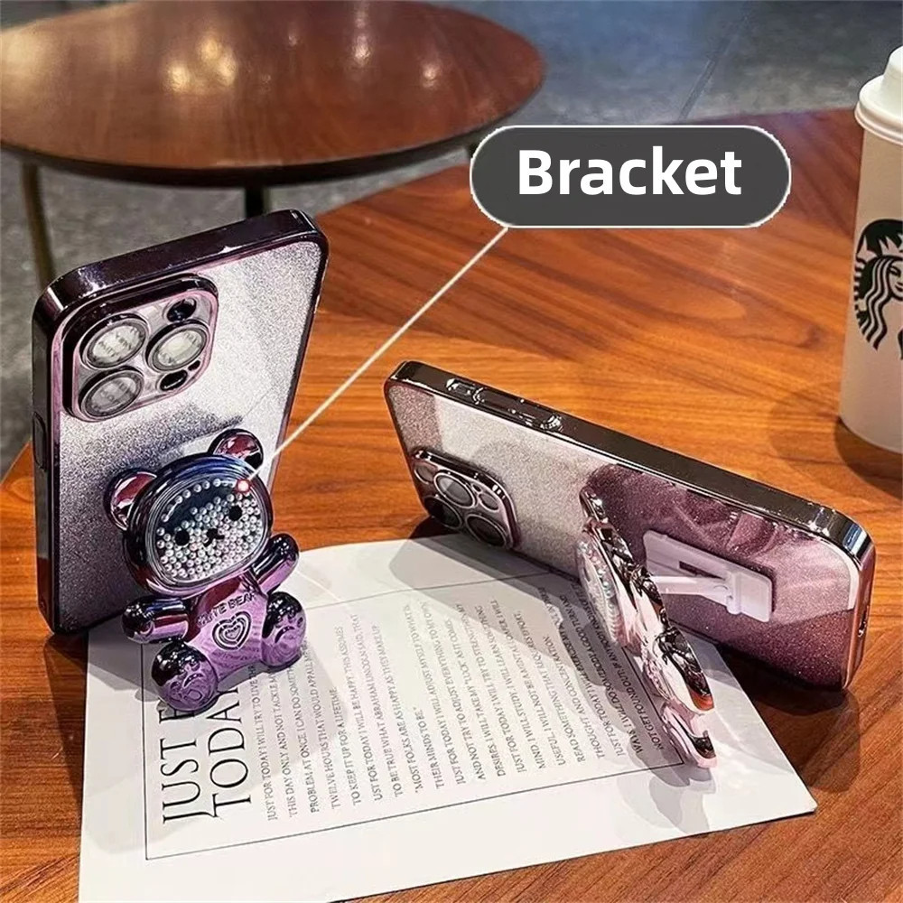 For OnePlus Nord CE 2 5G / Nord CE 2 Lite 5G Back Cover case with Gradient 3D Bear Folding Stand Bracket Luxury Slim 6D Plating Glitter Girls Phone Case Clear Soft Silicone Protective Cases Pouch. 