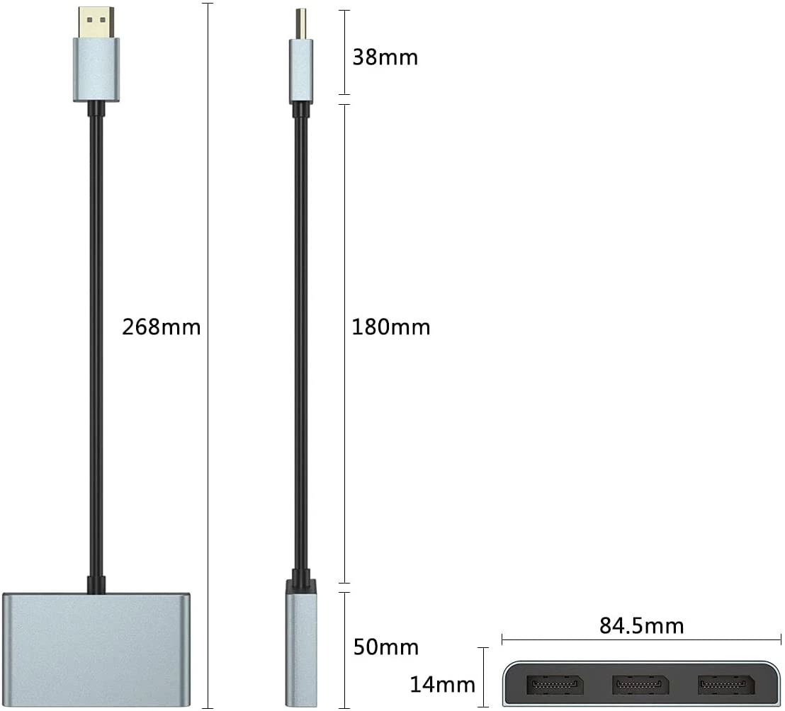 DisplayPort 1x3 Splitter MST SST Adapter DP1.4 Hub 8K@60Hz 4K@120Hz Multi Monitor Splitter for Extended Display and Mirror Mode. 
