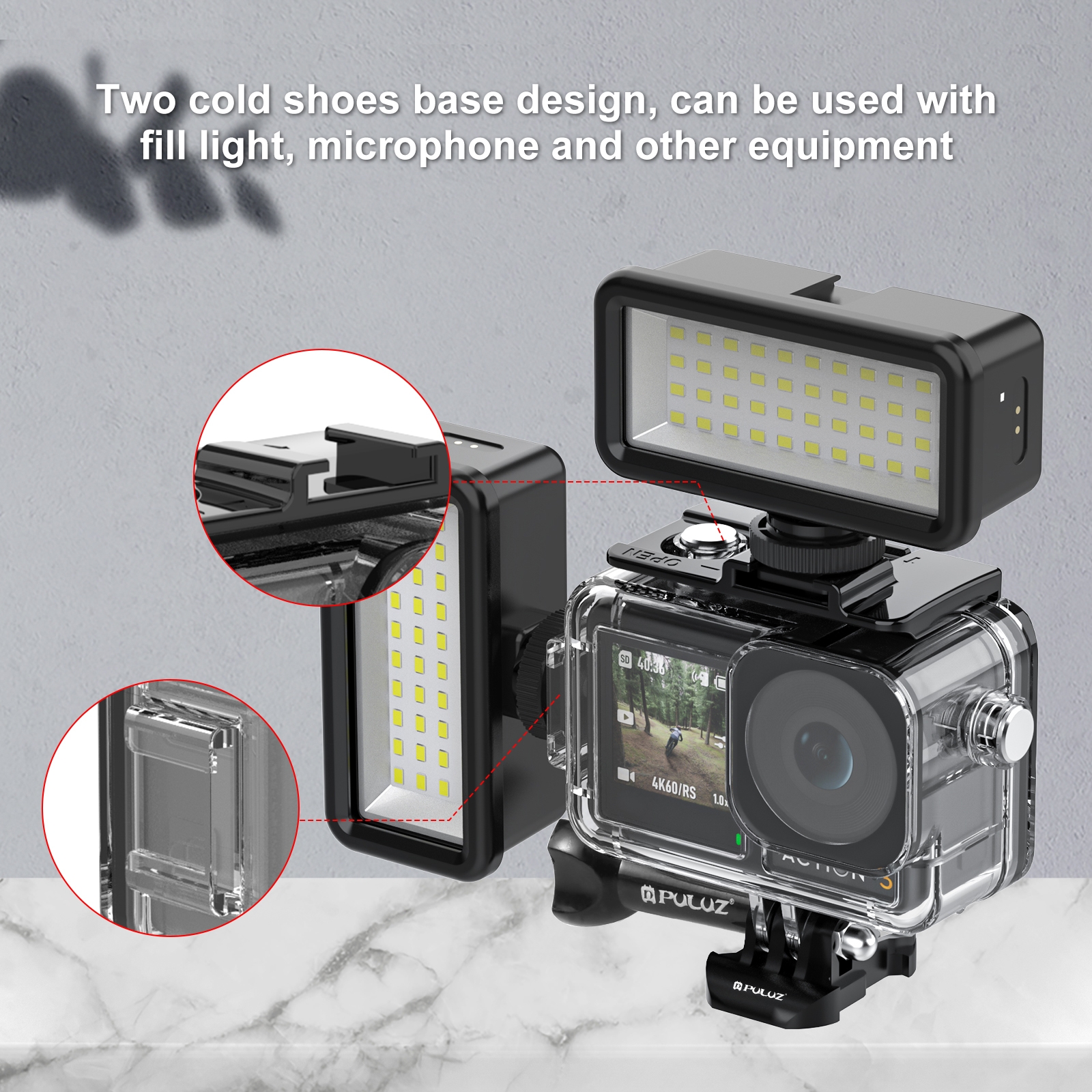 NEW- For DJI Osmo Action 5 Pro / 3 / 4 PULUZ 60m Underwater Waterproof Housing Diving Case with Cold Shoe & Buckle Basic Mount & Screw. 