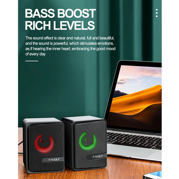 RGB Gaming Speaker T-Wolf S3 Mini USB Speaker With RGB Lighting Gaming Speaker For PC RGB Speaker For PC Laptop Speaker With 3.5mm Audio AUX. 