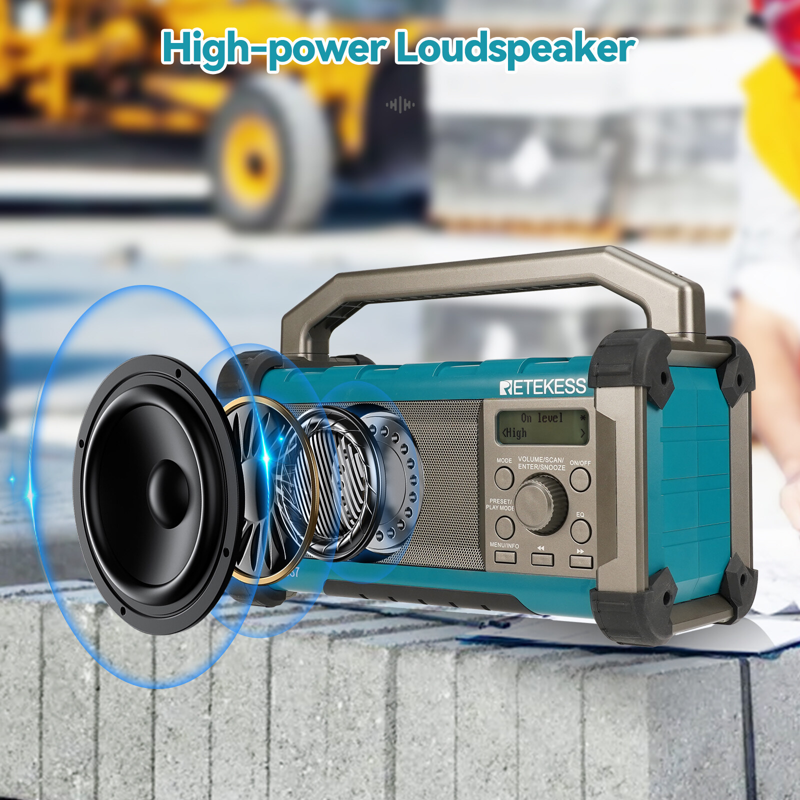 RETEKESS TR637 Jobsite Radio with Bluetooth 5.0 Rechargeable Portable AM/FM Radio with High-power loudspeaker Drop-proof and Dustproof Suitable for Construction or Outdoor Environment. 