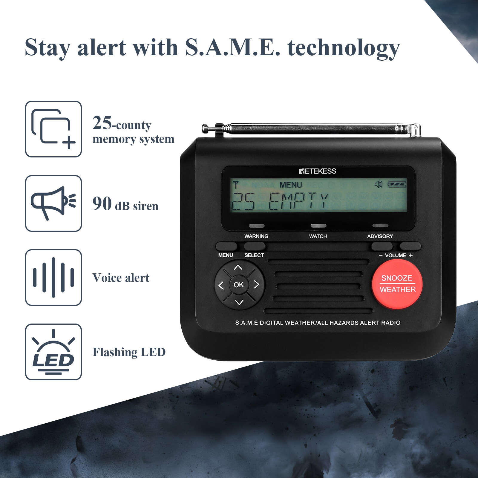 Retekess TR625 NOAA Emergency Weather Alert Radio, S.A.M.E. Localized Programming, with Trilingual Display, 60+ Emergency Alerts, Alarm Clock (Black). 