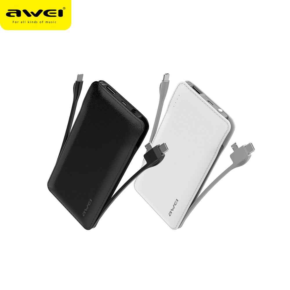 Awei P51K Business Style 10000mAh Powerbank Leather Covered With Built-In Lightning Type C Micro cable. 