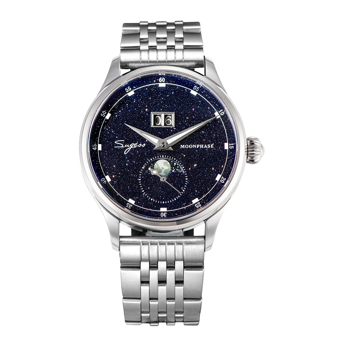 Sugess Moonphase Watch of Men 40mm Automatic Mechanical Wristwatches Seagul ST2528 Movement Stainless Steel Blue Sandstone Dial. 