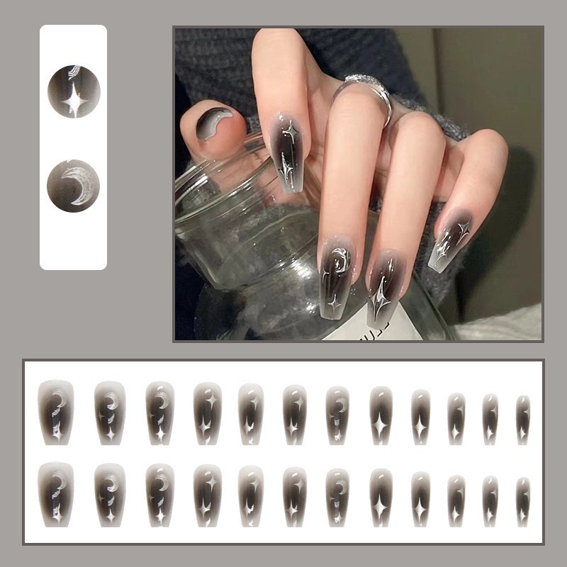 24Pcs Gray Silver Moon Star Long Fake Nails with Glue DIY Art Design False Nails Wearable Nails Artificial Nails
