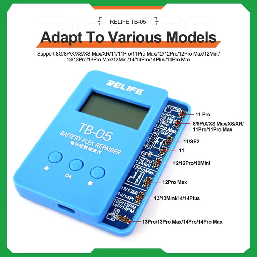 RELIFE TB-05 Battery Repair Programmer For iPhone XS 11 12 13 14 Pro Max Battery Flex Cable Data Cycles Recovery Instrument Tool. 
