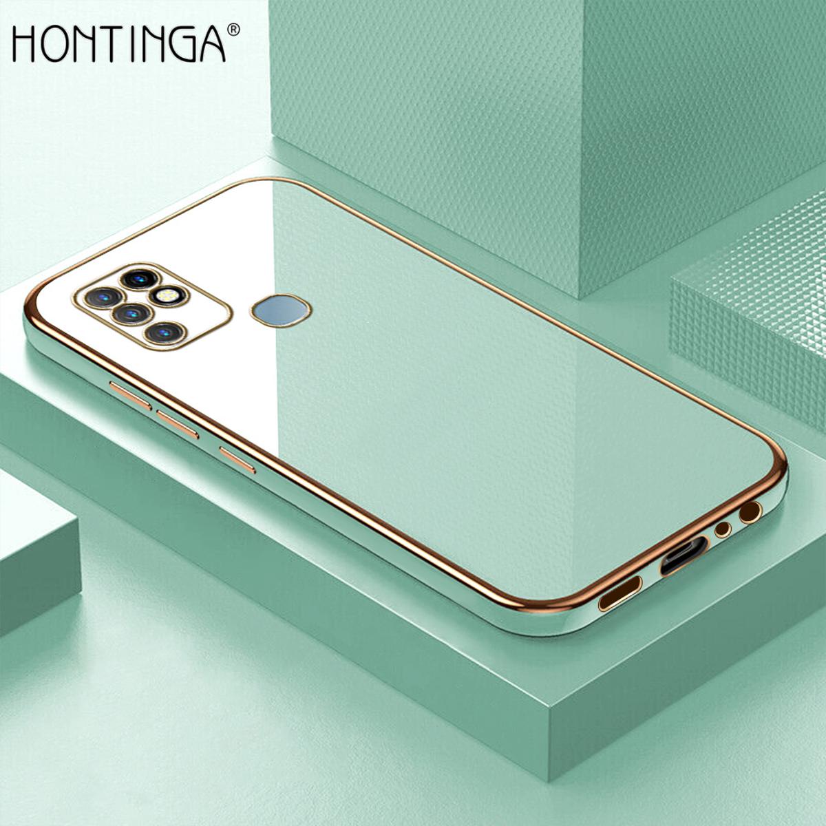 Hontinga for Infinix Hot 10 Back Cover + Free Lanyard Luxury 6D Plating Frame Shiny Bling Case Soft Silicone Square Mobile Cover