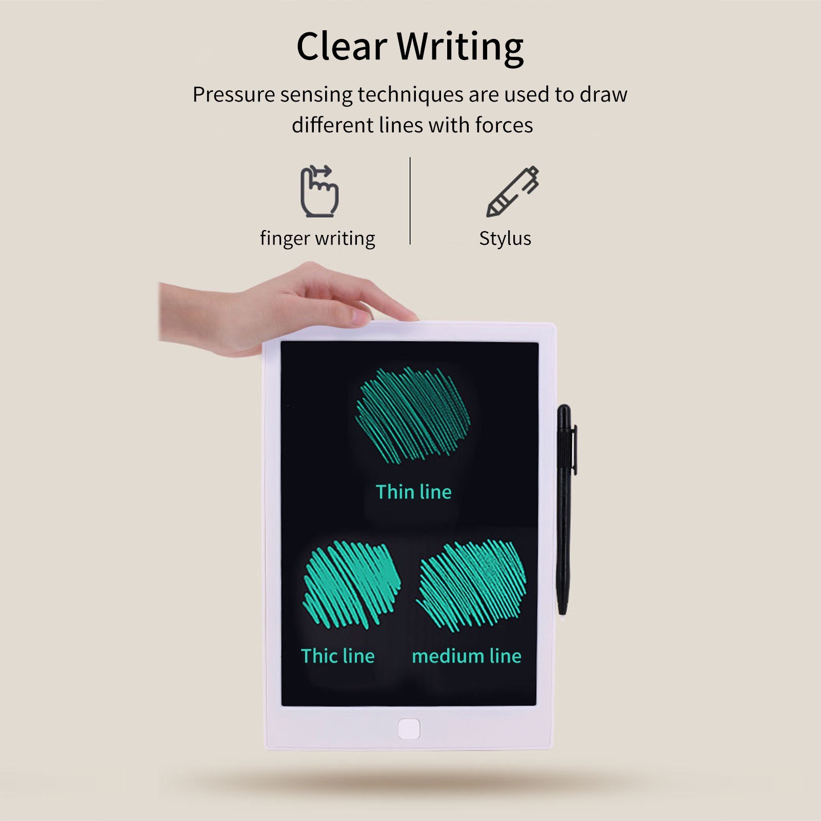 LCD writing pad with 10 inch monochrome screen, touch pen for writing notes for toddlers - white. 