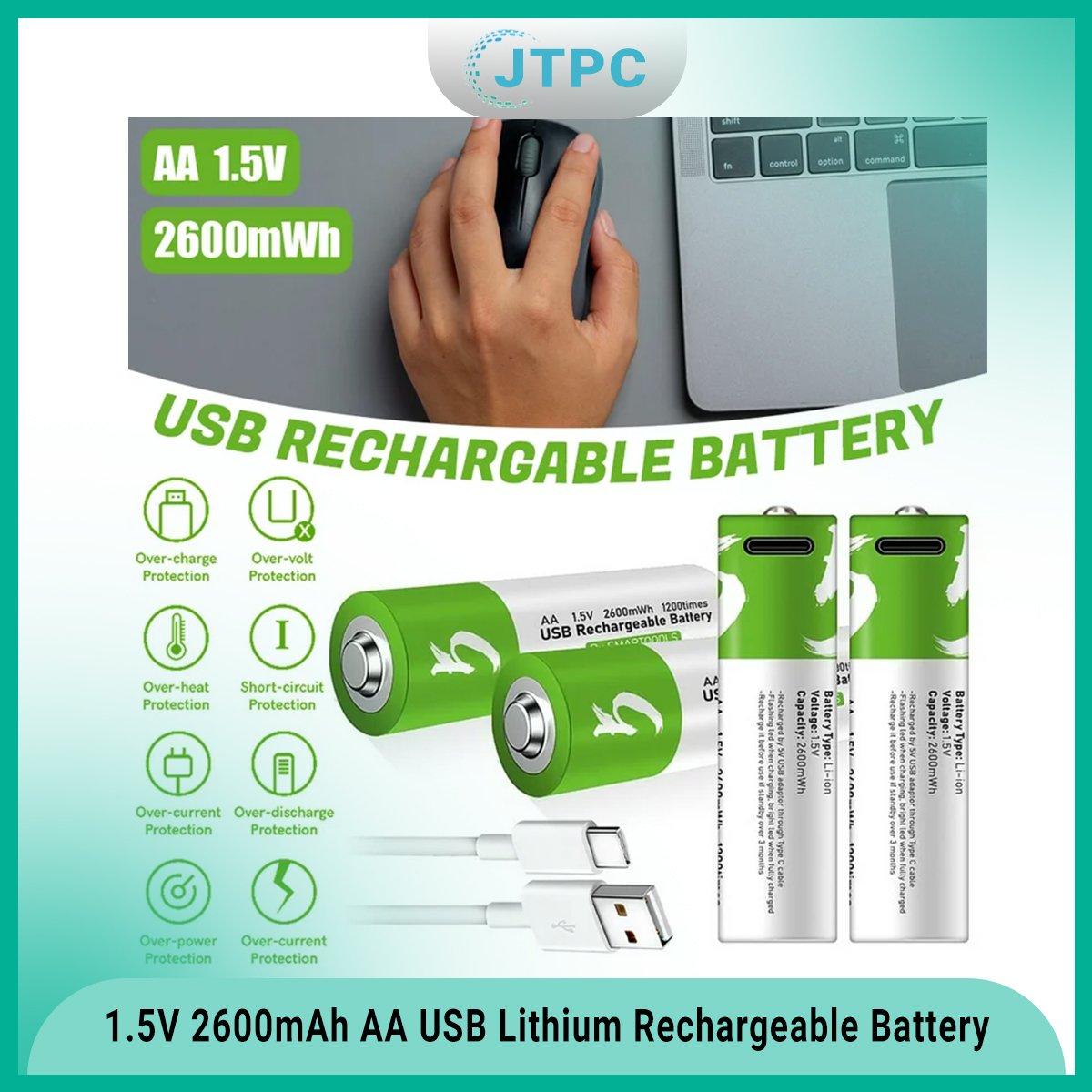 smartoools 1.5V Type-C Rechargeable Batteries AA (2-Pack) With Type-C Cable. 