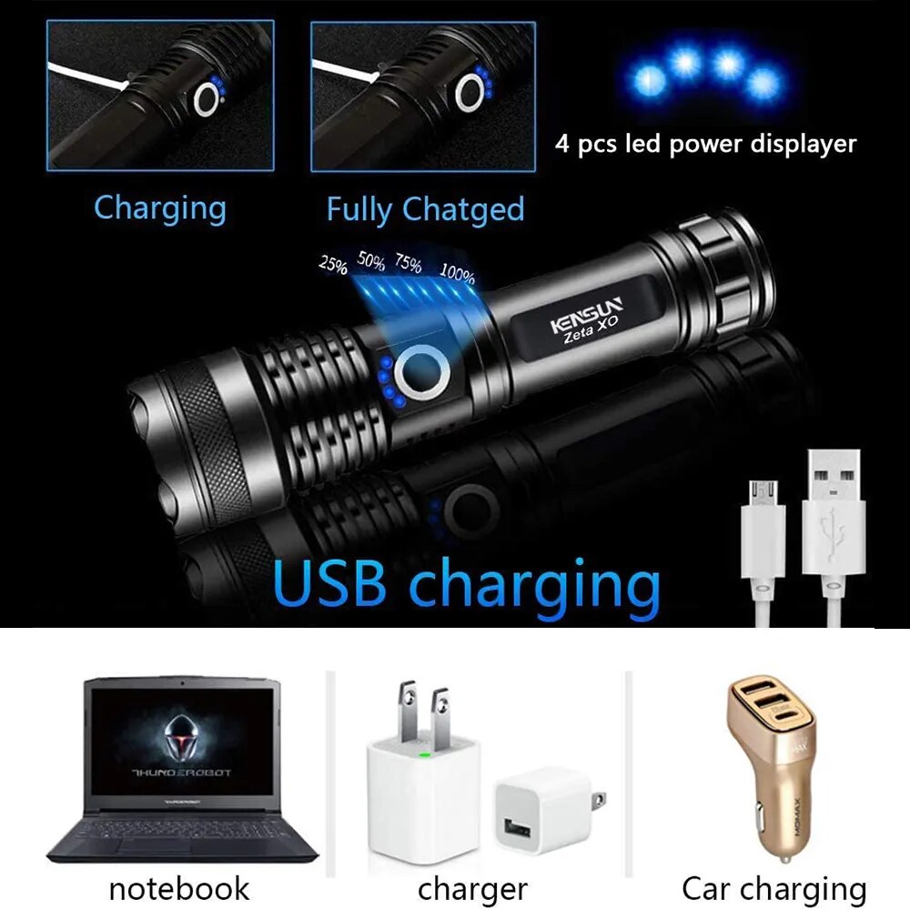 KENSUN High Power XHP70 Rechargeable Led Flashlight 4 Core Torch Zoom Usb Hand Lantern For Camping, Outdoor Emergency Use ﻿. 
