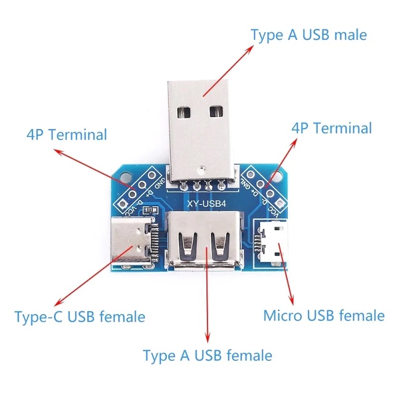 XY-USB4 USB Adapters Male To Female Micro Type-C USB 4P 2.54mm USB4 Module Converter 4 In 1 USB Adapters Board 5V USB Male To Female Distribution Board Head