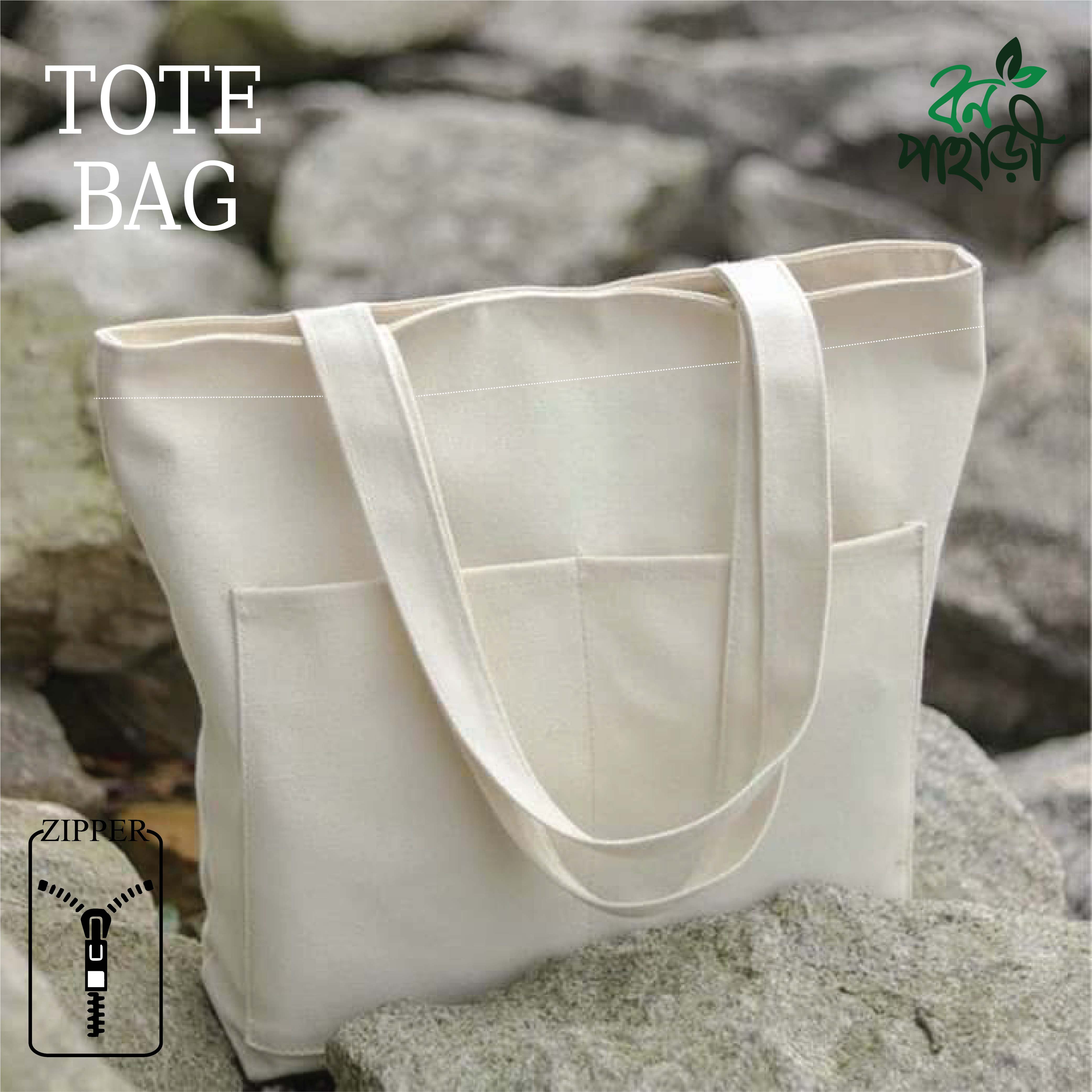 Trendy Top Handle Off White Color Tote Canvas Bag with Out Side Pocket Shopping Bag / College / University Bag, Tote Bag, Canvas Bag with Zipper