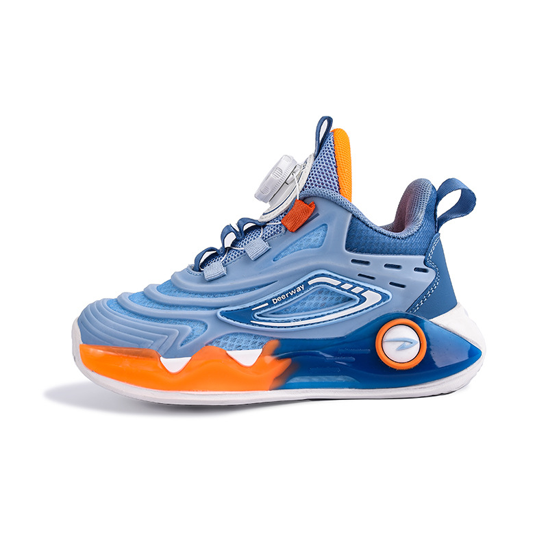 Deerway Children's Basketball Shoes 2023 Spring and Autumn New Luminous Rotating Button Mesh Breathable Sweat Absorbing Boy Shoes. 