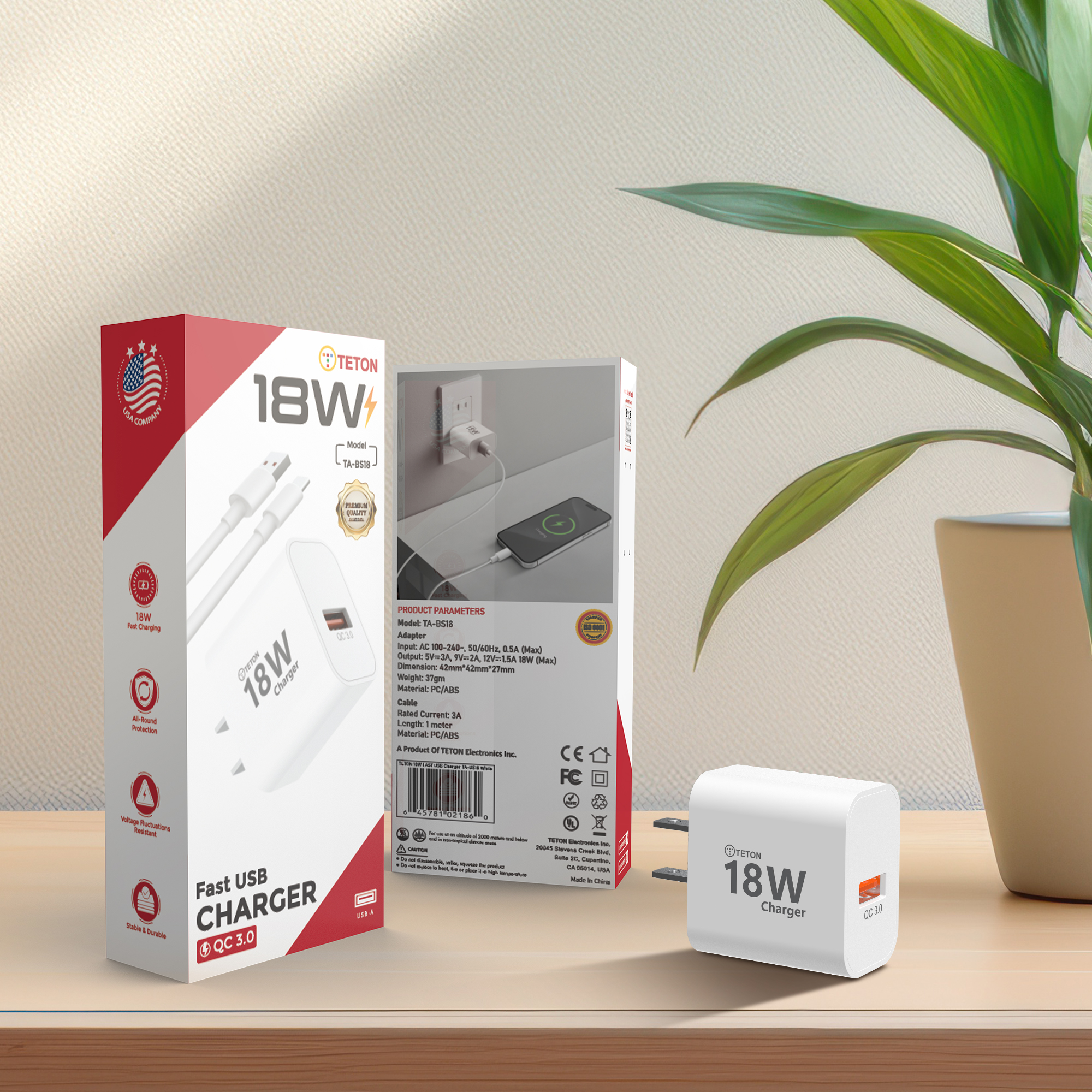 18W Fast Charger - USB Type-A Charger with USB Cable, Quick Charge Power Adapter for All Android Samsung and iphone 16/15 Mobile Devices. 