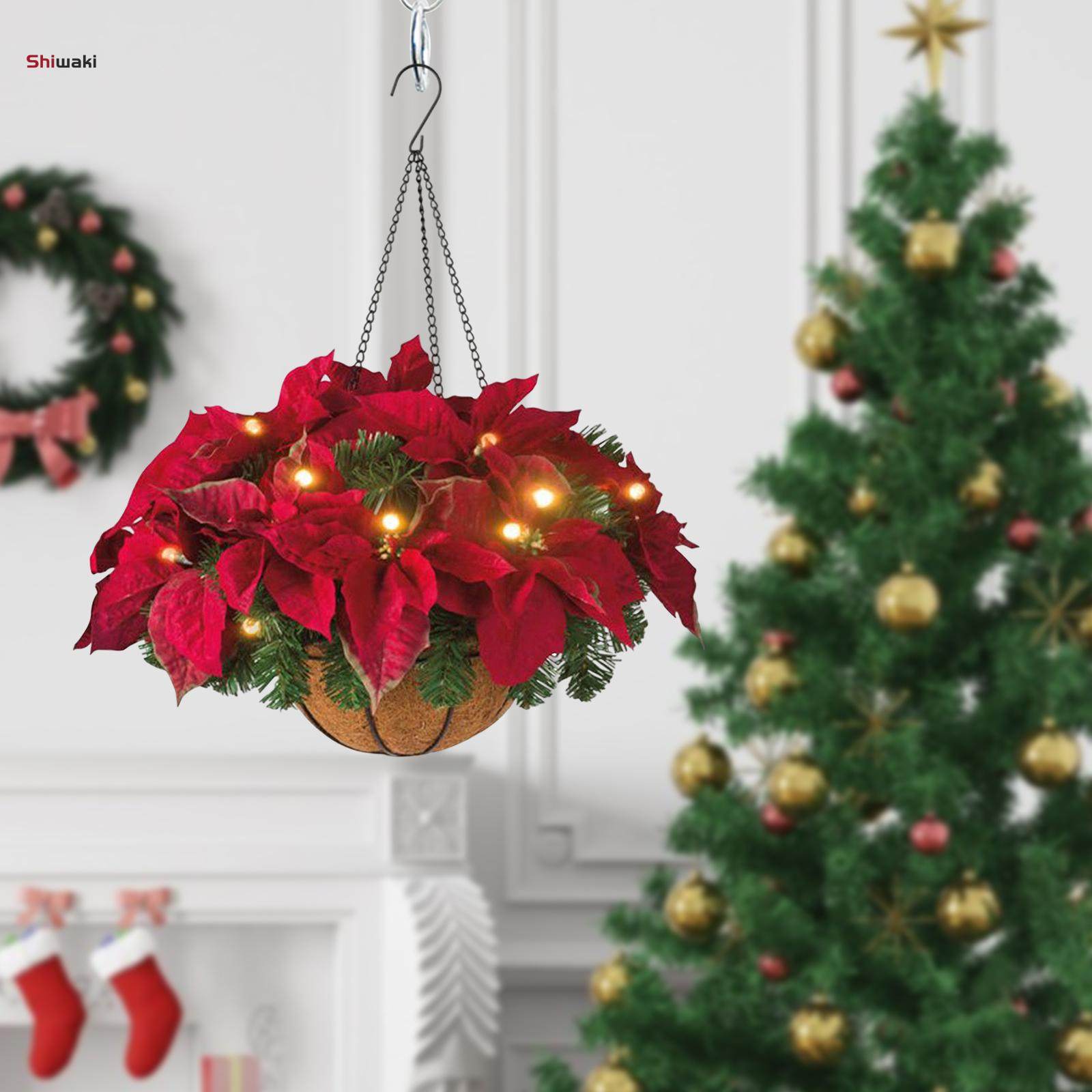 Artificial Hanging Flowers Basket LED with String Lights Courtyard Artificial Poinsettia for Porch. 