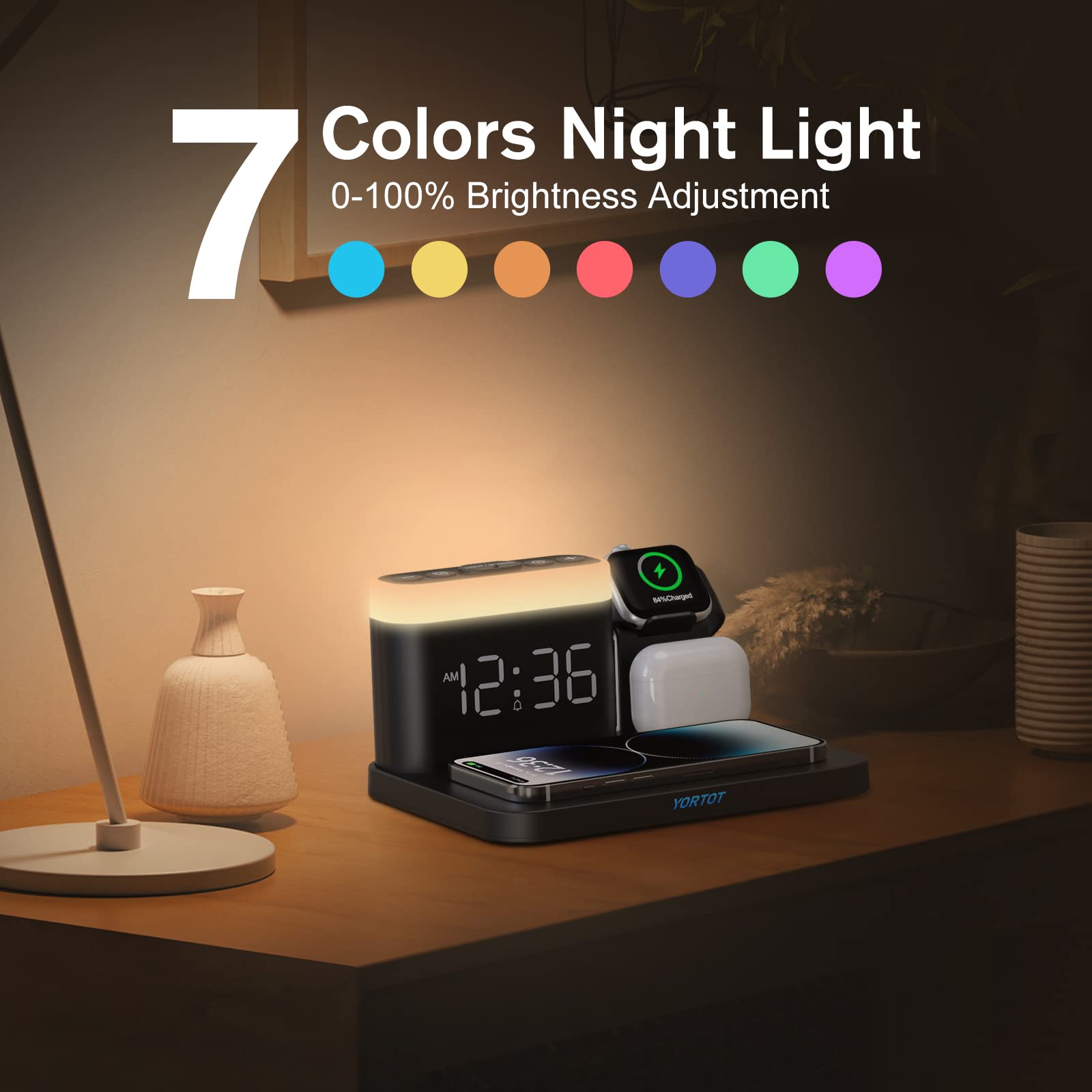 YORTOT Wireless Charging Station-5 in 1 Wireless Charger Alarm Clock, 7 Night Lights, iPhone/AirPods Charging Dock/Apple Watch Compatible-Option - American Plug. 
