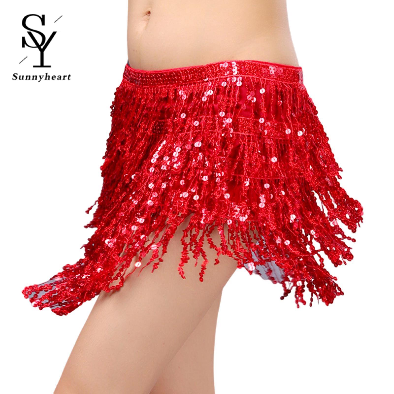 Sunnyheart Women Belly Dance Skirt ian Belly Dance Skirt with Tassel Sequin Le-up Perfect for Latin Dance Prtice Clubwear Waist Scarf for Women Boho Tassel Skirt