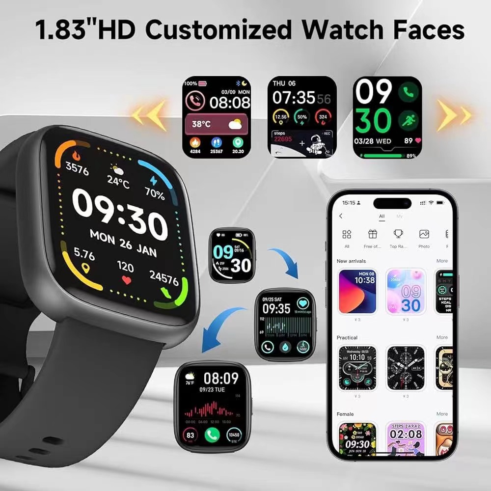 ZZYSMART 1.83 Inch IDW26 Smart Watches For Men Women Bluetooth Call Smartwatch Build-in Alexa 5ATM IP68 Waterproof Heart Rate. 