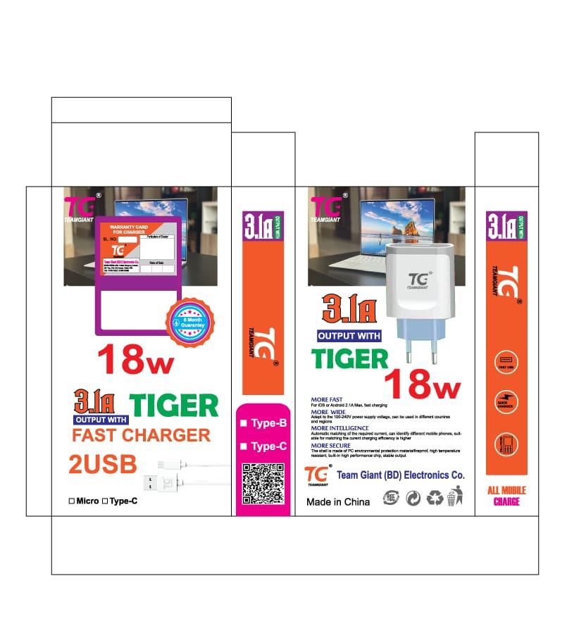 3.1A tiger 2Pin Fast Charger 18W 2USB Type C Type B Power Adapter With Cable For Mobile