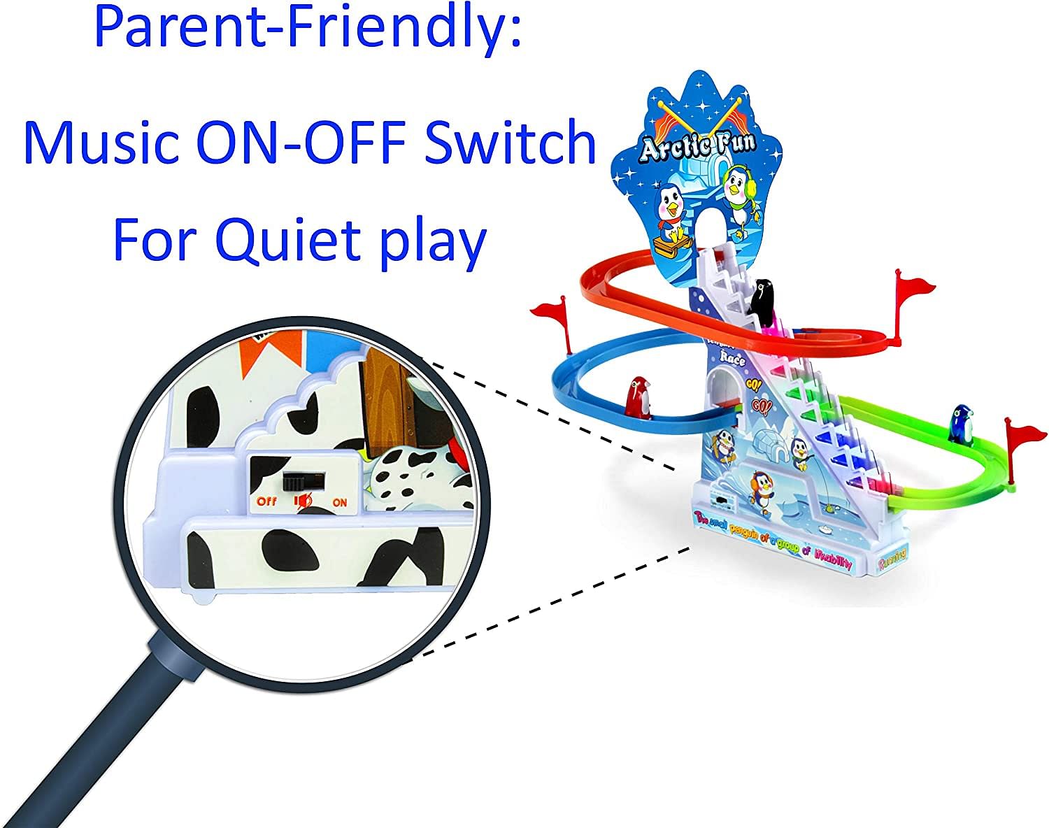 Arctic Fun Playful Penguin Race Set with Flashing Lights and Music On/Off Button for Quiet Play, Jolly Penguin Slide Playset. 
