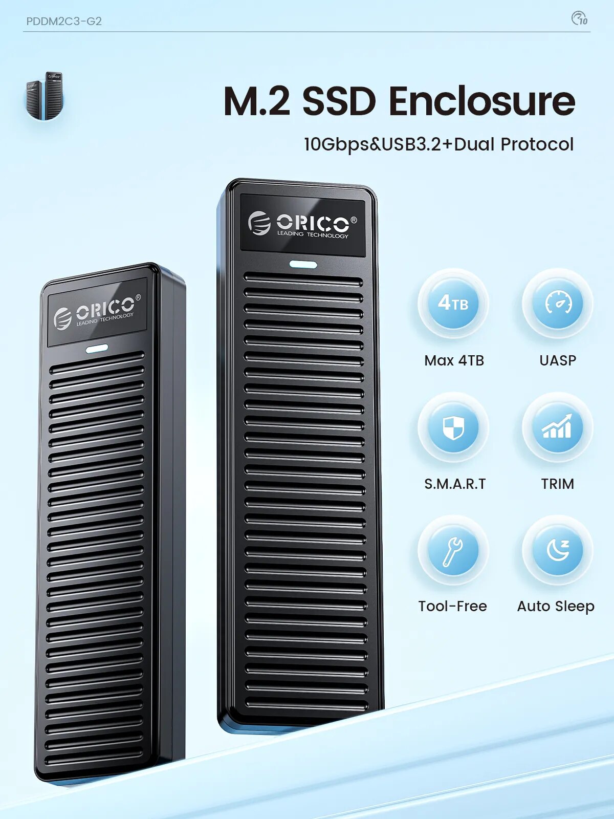 ORICO M.2 NVMe SSD Enclosure 10Gbps USB3.2 Gen2 M2 SSD Enclosure Case Box Simple Design for NVMe SATA Tool-free Support UASP. 