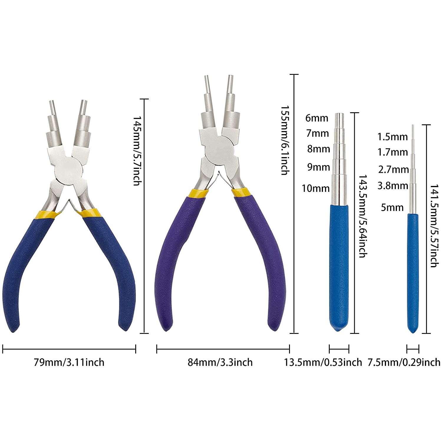 Winding Tool Set with 2Pcs Winding Mandrels and 2Pcs 6 in 1 Pliers for Wrapping Jewelry Wires and Forming Jump. 