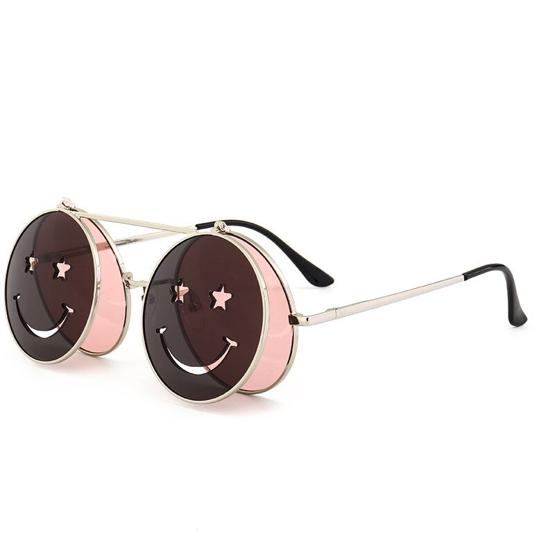【happy one】C5Creative Flip-top Steampunk Sunglasses Women Men Shades Smiley Eyewear Fashion Showing Glasses Gifts. 
