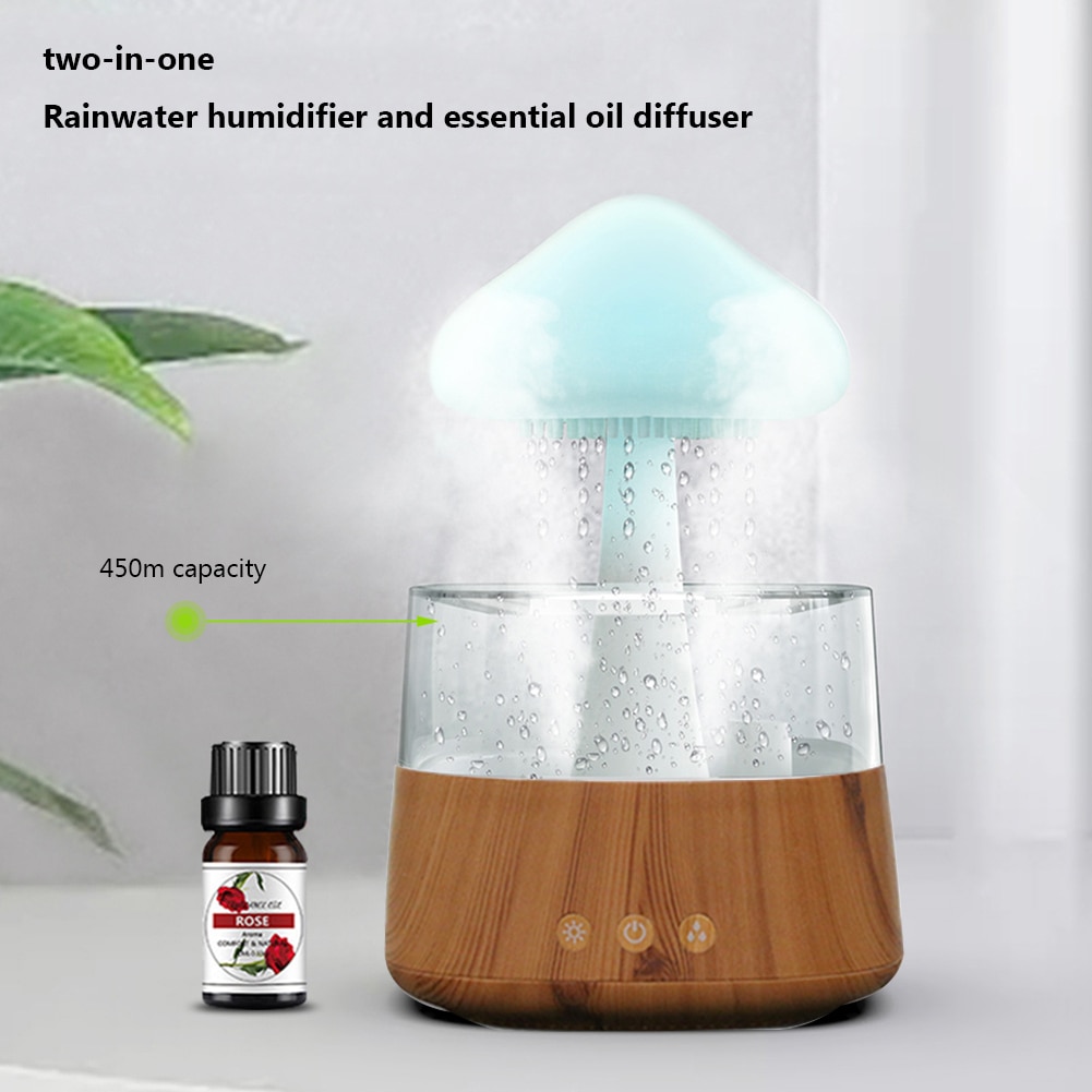 300ml/450ml Mushroom Air Humidifier Aroma Diffuser Rain Cloud Humidifier Relax Water Drops Sounds with 7 Colors LED Night Light. 