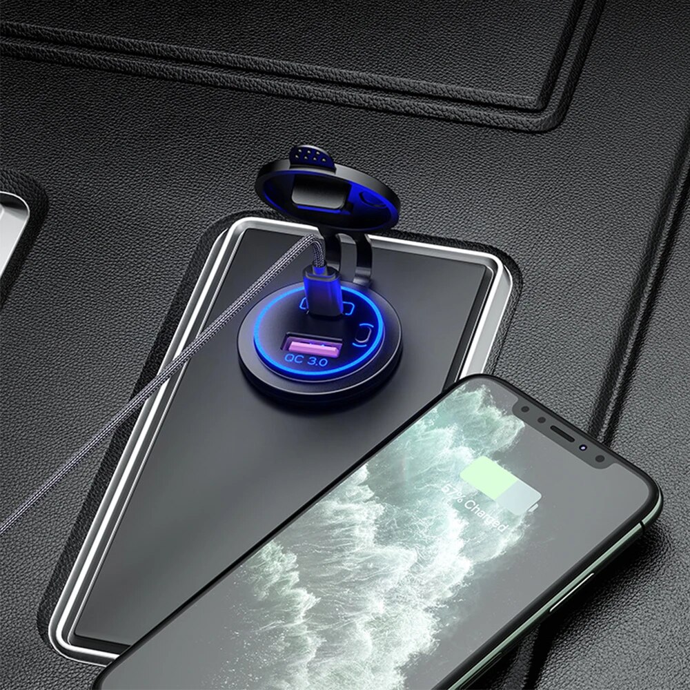 48W Usb Poort Charger Car 12V Outlet Laptop Charger USB C PD 18W QC3.0 Car Port Socket Waterproof with Power Switch For RV Car. 