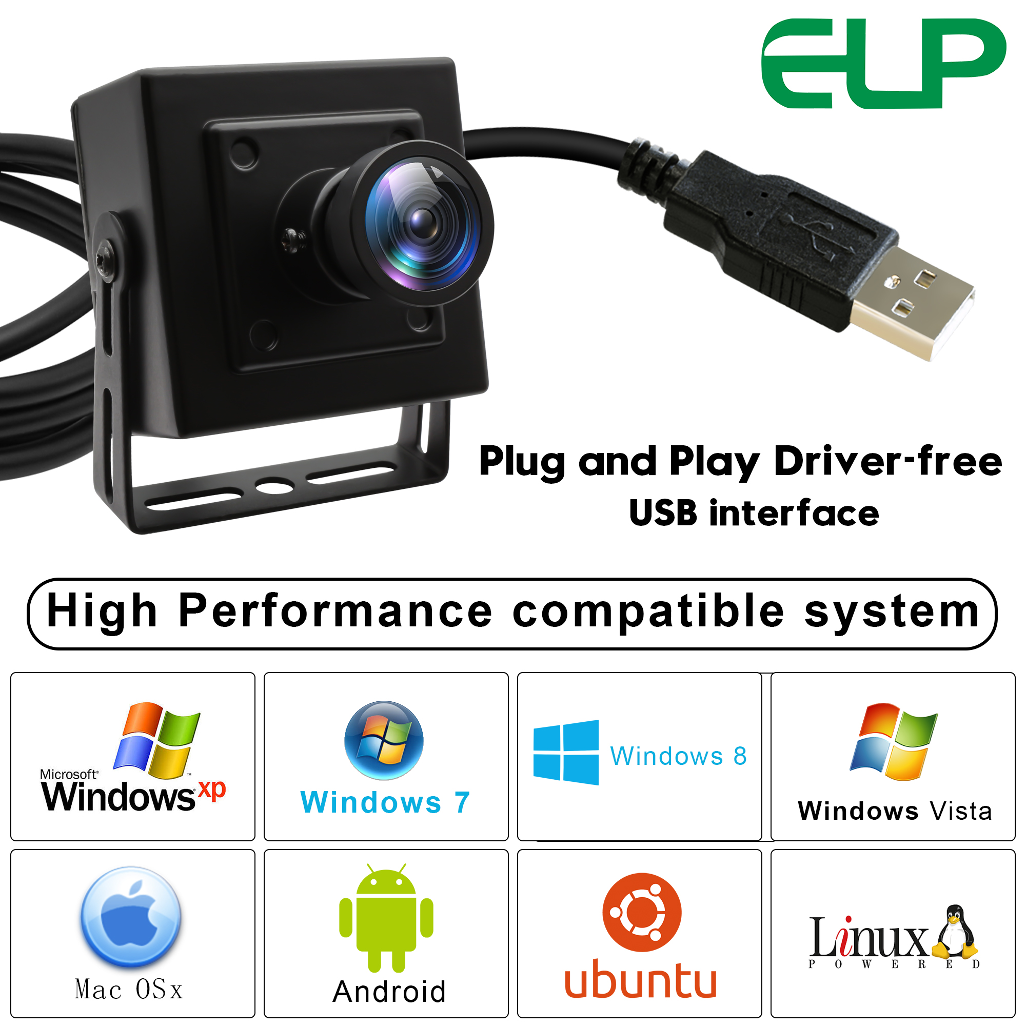 ELP Mini Webcam 8 Megapixels High Resolution IMX179 Fixed Focus M12 lens Camera 8MP USB 2.0 UVC Web Camera for PC laptop tablet. 