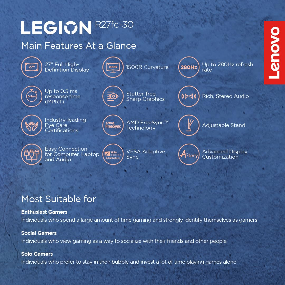 Lenovo Legion R27fc-30 | 27 Inch FHD 240Hz Gaming Monitor | 0.5ms, AMD FreeSync & NVDIA G-Sync , 99%sRGB, Speaker, 2x HDMI, 1x DP| Tilt, Swivel, Pivot, Height Adjust Stand| 67B6GAC1IN. 