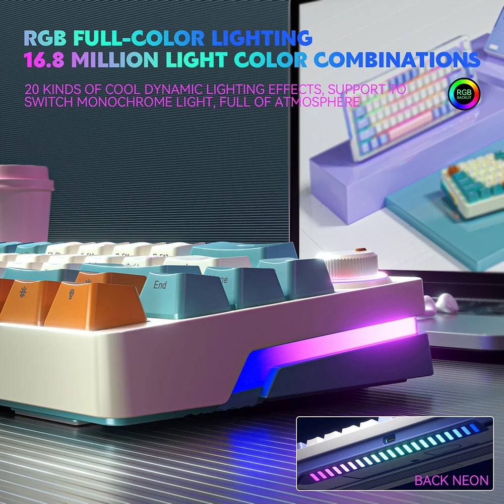 ZA68 Mini Gaming Mechanical Keyboard Wired Computer Keyboard RGB Backlit Knob light control Hot swappable 68 KeyS TYPE-C. 