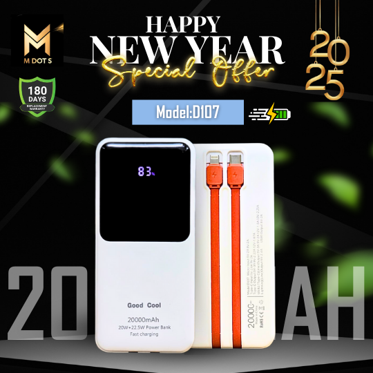 Good Cool Portable Fast Charging 20,000mAh Minimalistic Power Bank with Cable - LED Flashlight & Power Display.