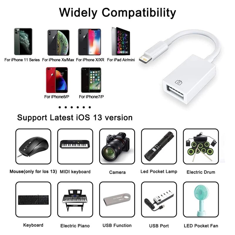 OTG Adapter Cable For iPhone 14 13 12 11 Pro Max XR 8 Plus Lightning To USB 3.0 Card Reader For Xiaomi Samsung Camera Converter. 