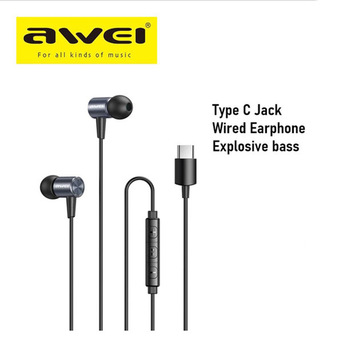 Awei TC1 Type-C Jack In Ear Headphones, Earbuds, Full Metal Earphones with Mic and Volume Control, High Definition, Noise Isolating, Deep Bass, Ergonomic Design & Crystal Clear Sound