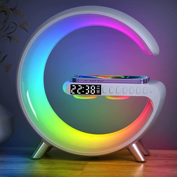G Shape Google LED Wireless Charging RGB Bluetooth Speaker Clock and Rechargeable Table Lamp. 