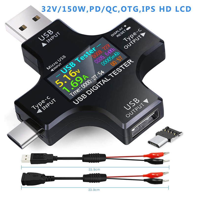 Harmony USB C Tester,2 in 1 Type C USB Tester Color Screen IPS Digital Multimeter,Voltage,Current,Power,Resistance,Temperature,with Clip Cable Support PD2.0/PD3.0,QC2.0. 