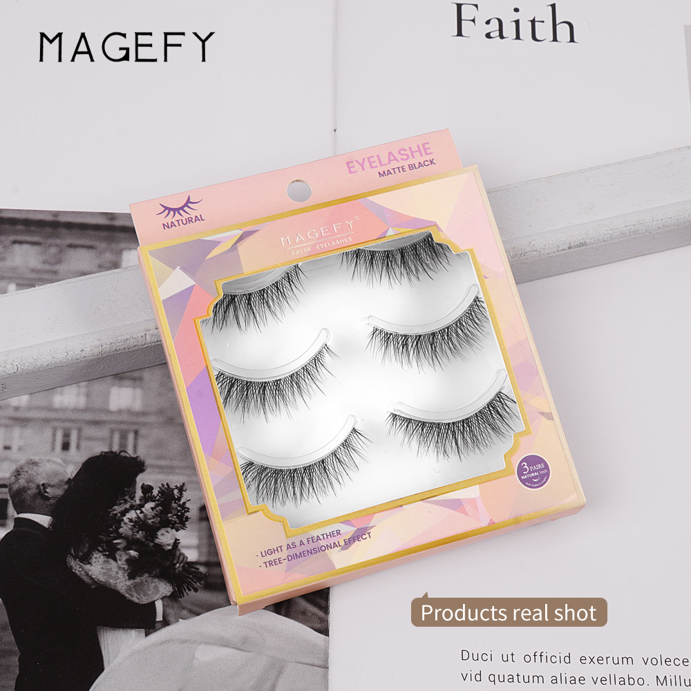 MAGEFY 3 Pair/Box 3D Natural Eyelashes Extension Full Set High Quality Hand-Made 11mm False Eyelashes C-Degree Curling Eyelashes Extension Full Set Original. 