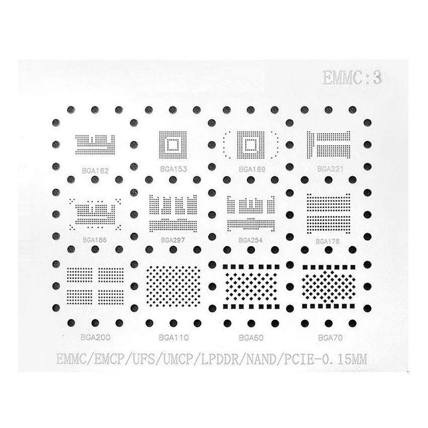 EMMC:3 BGA IC Reballing Stencil For Android Nand Flash EMMC EMCP UFS LPDDR PCIE BGA162 BGA153 BGA169 BGA221 BGA186 BGA297 BGA254 BGA178 BGA200 BGA110 BGA60 BGA70 similar EMMC:1 EMMC:2