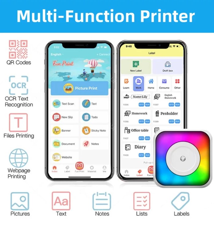 Pix RGB Mini Pocket Printer- Pix C31 RGB Portable Wireless Pocket Thermal Printer -Wireless/Bluetooth Mobile Portable Printer Thermal Printer Photo Label Sticker Note Printer 200DPI with 1 Roll Label Paper Rechargeable With Running Light. 