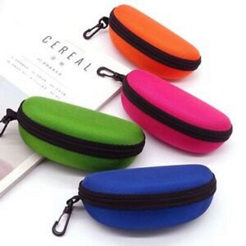 Zipper eyeglass carrying case with soft interior lining helps prevent lens scratching.