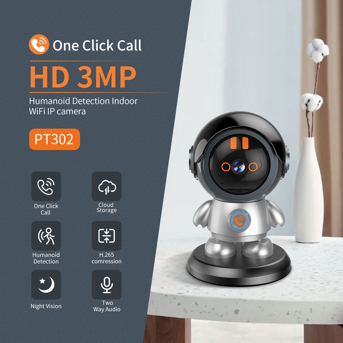 ESCAM PT302 Robot 3MP One Click Call Humanoid Detection WiFi IP Camera. 