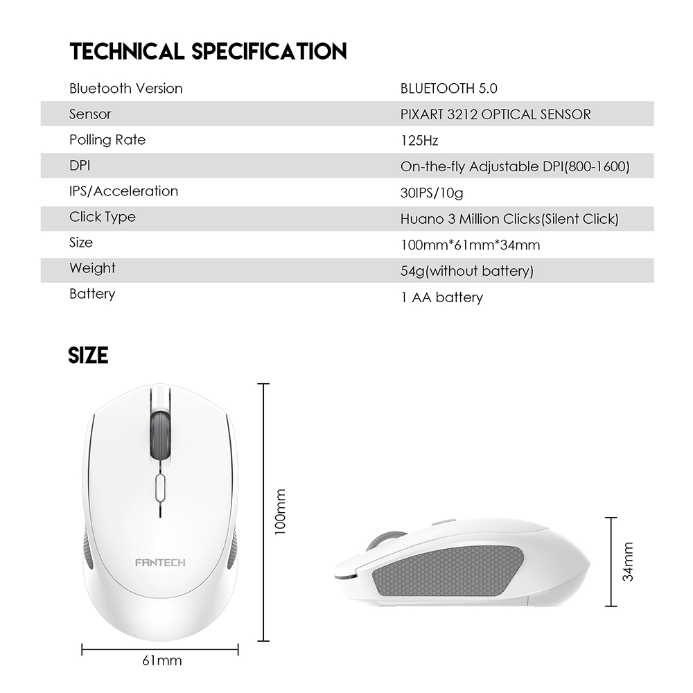FANTECH W190 DUAL MODE 2.4Ghz and Bluetooth Wireless Mouse Up to 200 Hours Of Battery Mini Mute Silent Office Mouse Mice. 