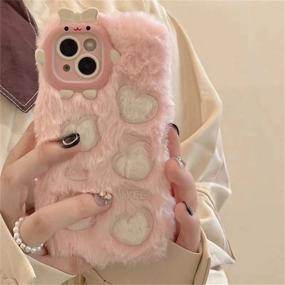 Korean Warm Winter 3D Cartoon Cute Plush Love Heart Soft Case For IPhone 14 Pro Max 15 Pro Max 13 12 11 Shockproof Back Cover. 